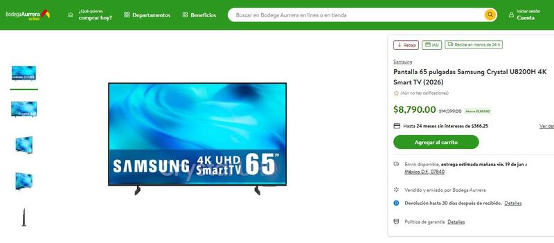 Pantalla 65 pulgadas Samsung Crystal U8200H 4K en Bodega Aurrera
