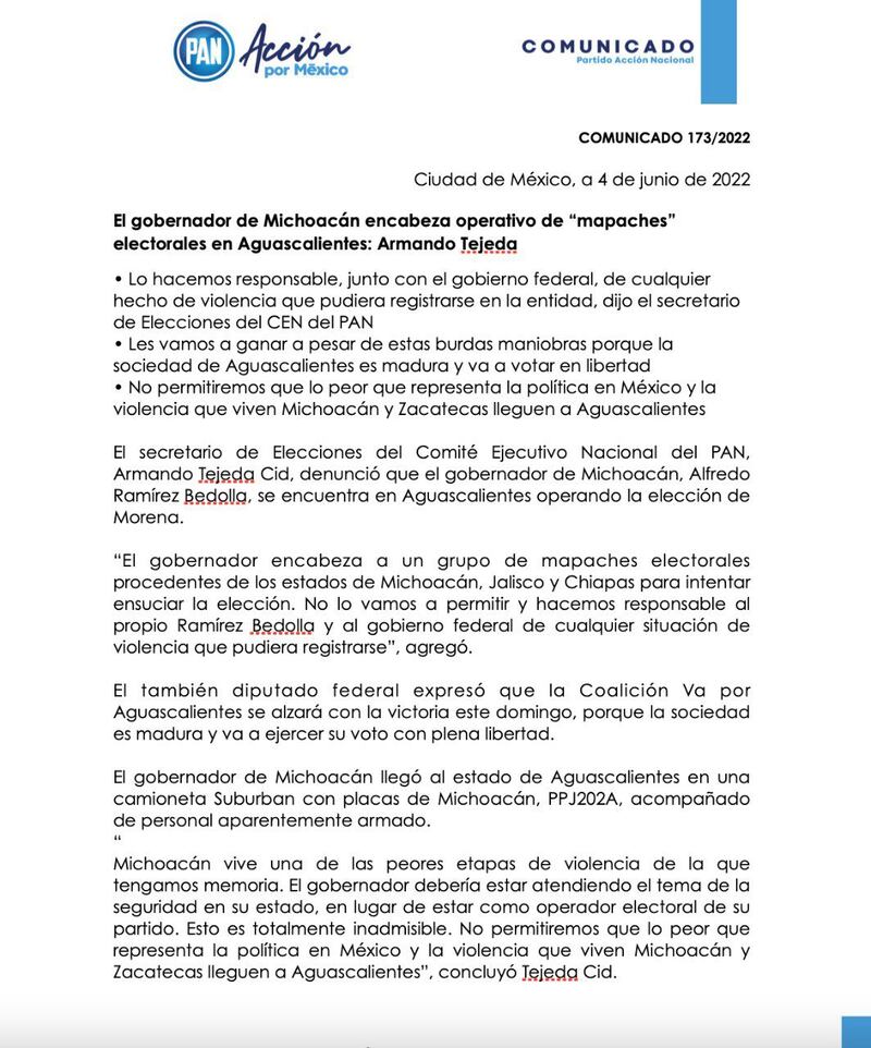 PAN exige a Michoacán que no intervengan en elecciones de Aguascalientes