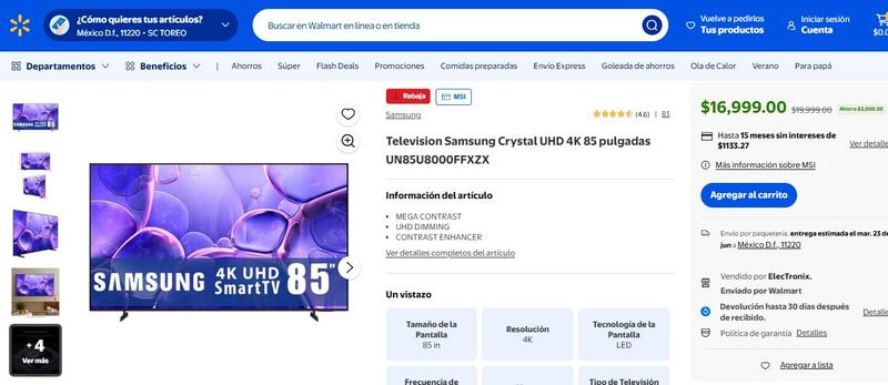 Television Samsung Crystal UHD 4K 85 pulgadas en Walmart