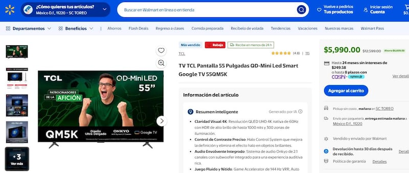 TV TCL Pantalla 55 Pulgadas QD-Mini Led en Walmart