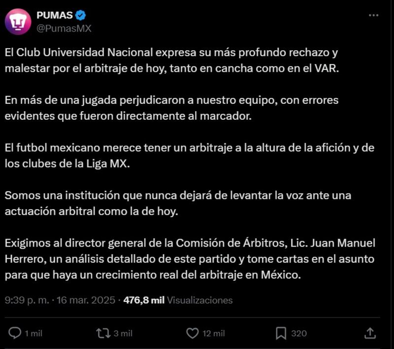 Comunicado Pumas Monterrey