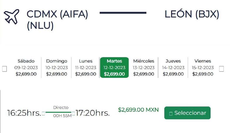 Precios de Mexicana de Aviación rumbo a León, Guanajuato.