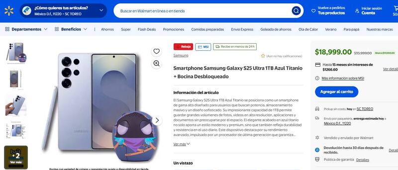Samsung Galaxy S25 Ultra 1TB Azul Titanio y Bocina en Walmart