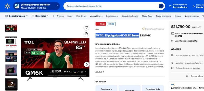 TV TCL 85 pulgadas 4K QLED Smart en Walmart