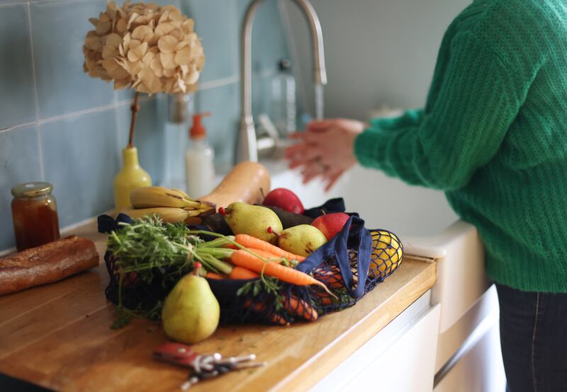 Various vegetables and fruits in a eco shopping bag