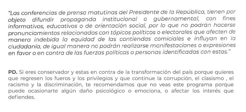 Párrafo que el INE/Tribunal Electoral pide que se agregue en las conferencias de AMLO
