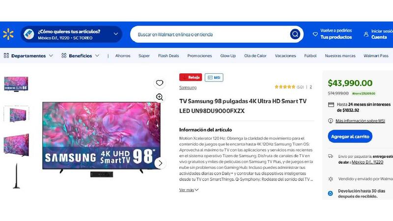 Walmart TV Samsung 98 pulgadas 4K